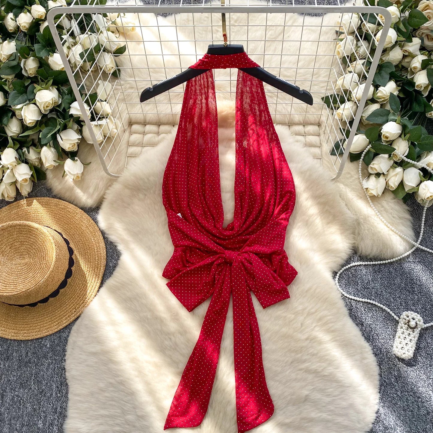 Halter Lace Up Backless Shiny Swing Collar Mesh Top