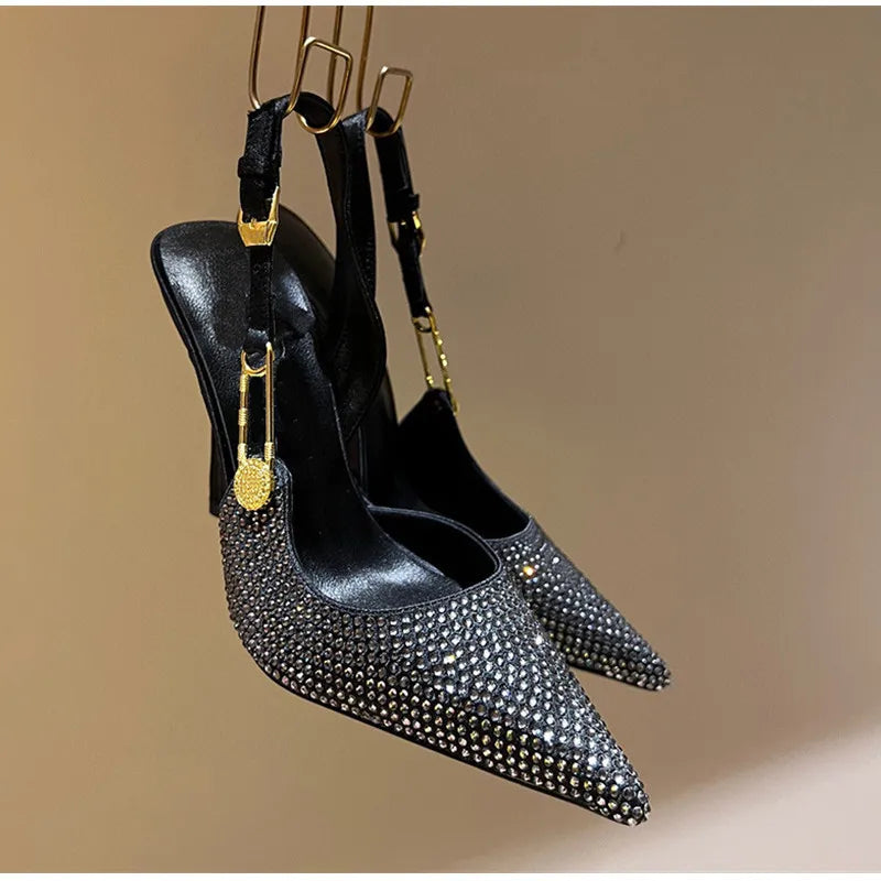 Luxury Rhinestone Sequined Buckle Pointed toe Slingback Stiletto