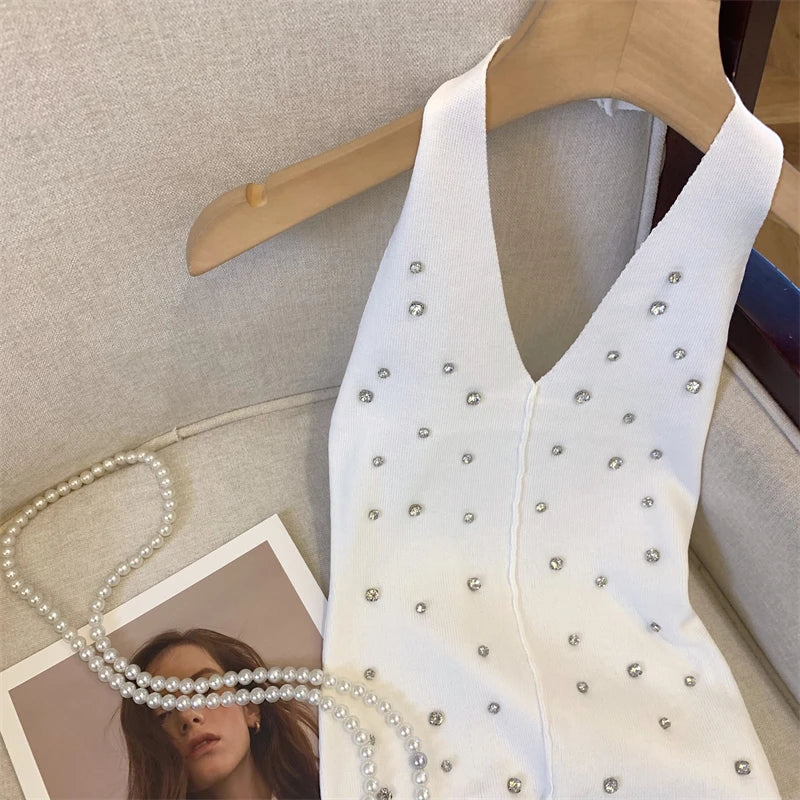 Halter Rhinestone Knitted Tank Top