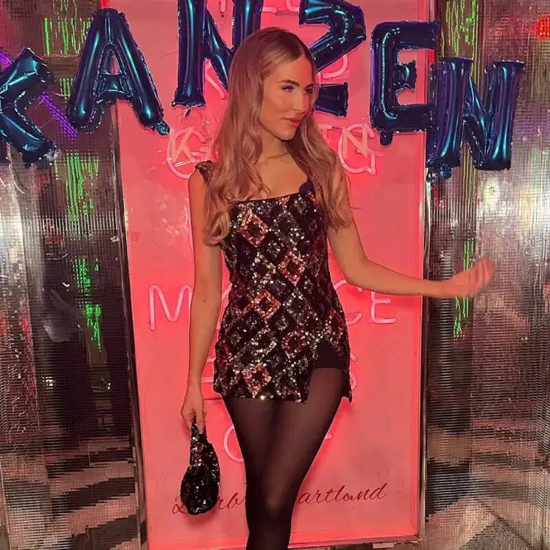 Colorful Diamond Pattern Sequin Slit Mini Dress