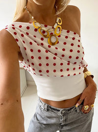 Polka Dots Print Skew Collar Off Shoulder Crop Top