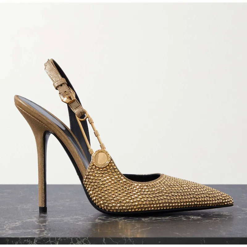 Luxury Rhinestone Sequined Buckle Pointed toe Slingback Stiletto