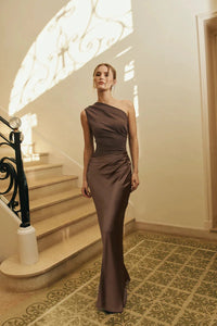 Satin Inclined Shoulder Sexy Maxi Dress