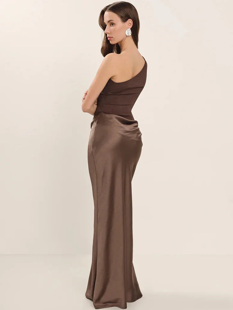 Satin Inclined Shoulder Sexy Maxi Dress