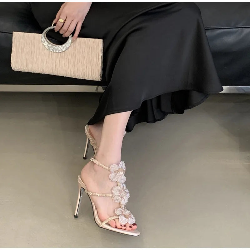 Rhinestones Lace Flowers Decor Heels