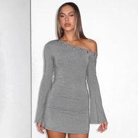Inclined Shoulder Long Sleeve Sexy Mini Dress