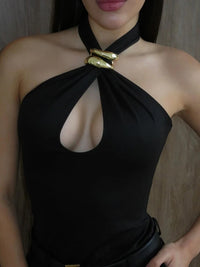 Halter Hollow Out Ring Metal Off-shoulder Tank Top