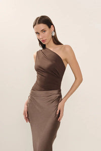 Satin Inclined Shoulder Sexy Maxi Dress