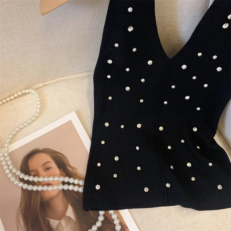 Halter Rhinestone Knitted Tank Top