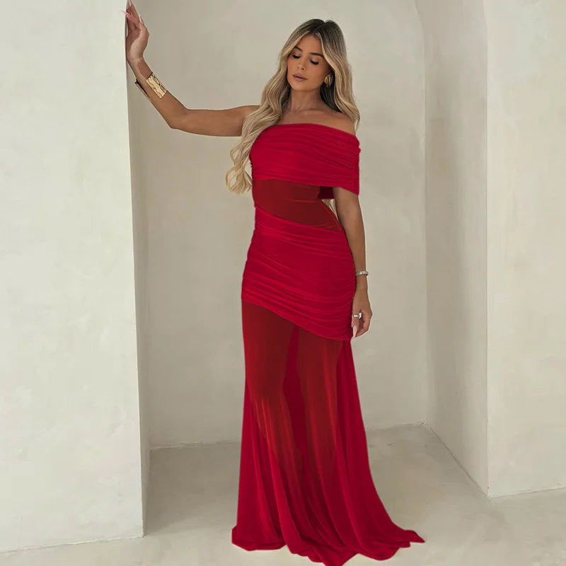 One Shoulder Mesh Sexy Maxi Dress
