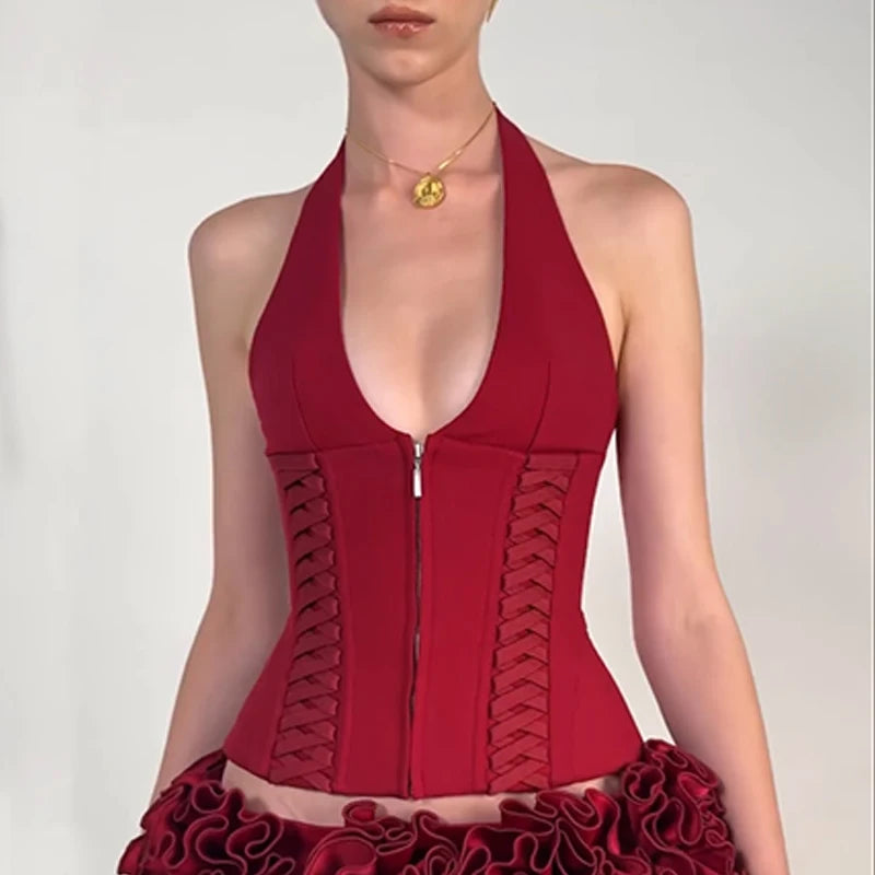 Cross Tie Zipper Slim Vest Halter Top