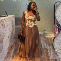Floral Print Waist-cinching Corset +Pleated Long Skirts Set