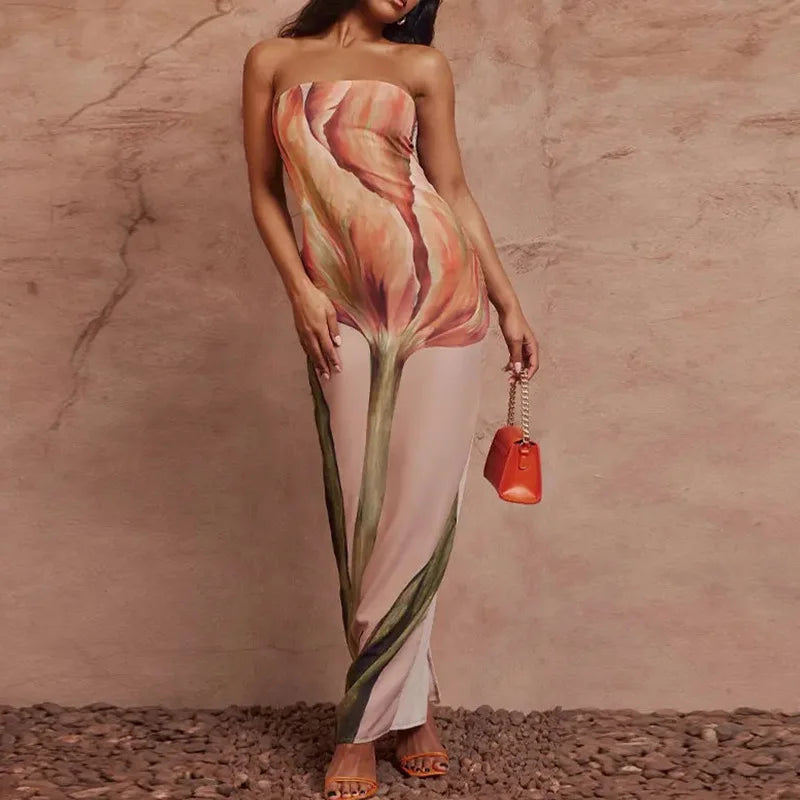 Strapless Backless Printed Long Dress