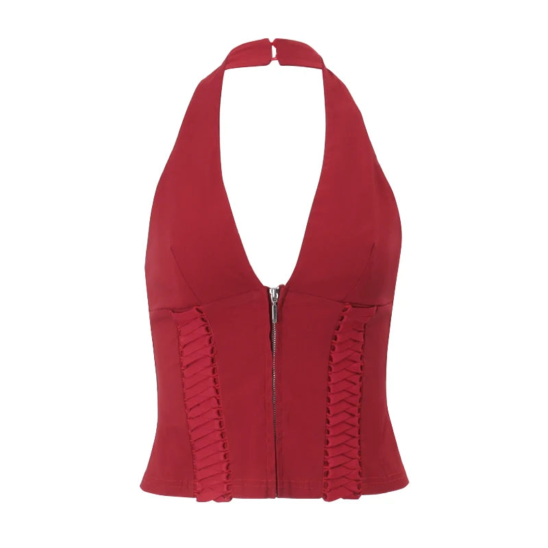 Cross Tie Zipper Slim Vest Halter Top