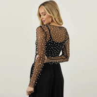 Pearl Mesh See Through Long Sleeve T-shirt