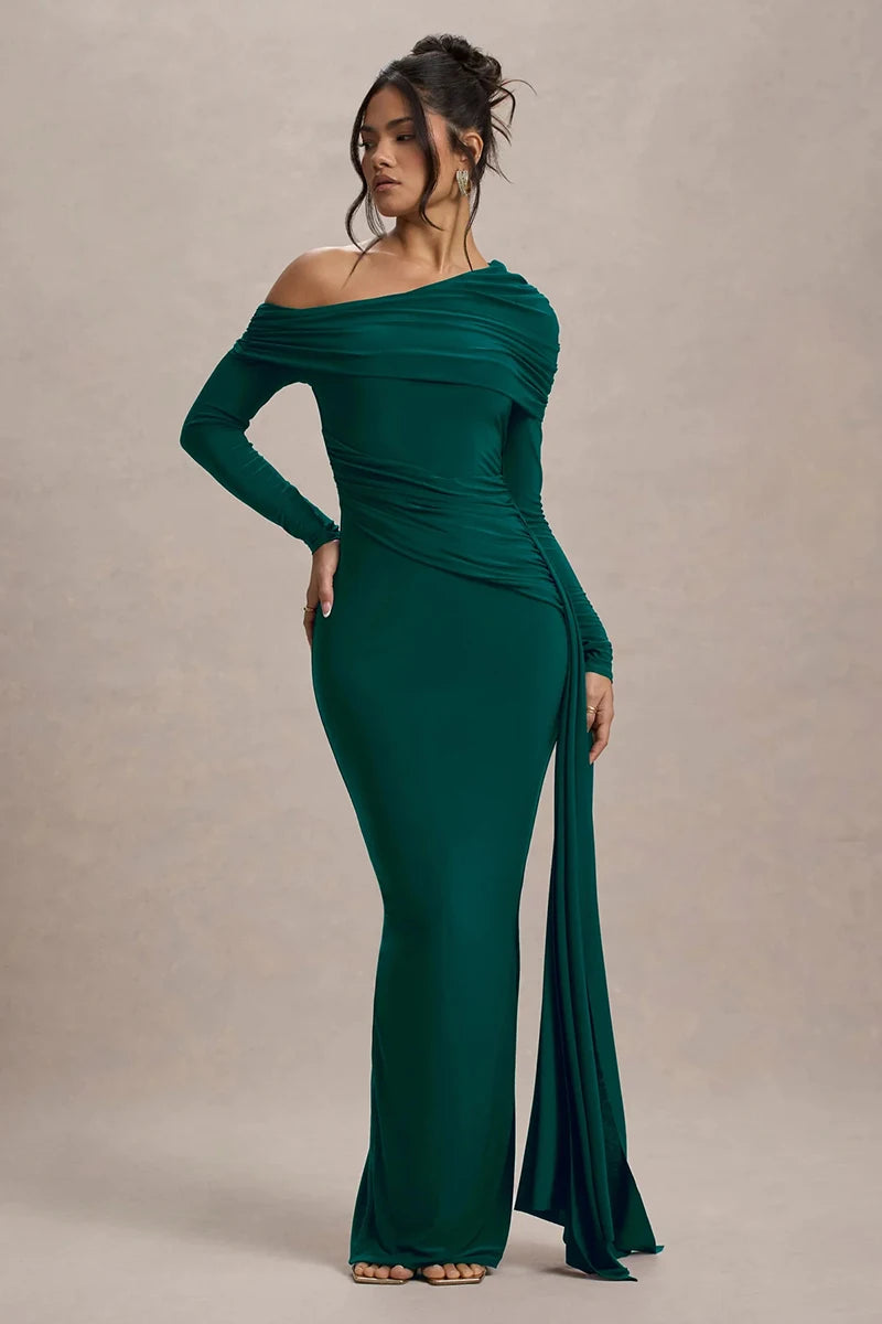 Skew Collar Long Sleeve Sexy Maxi Dress