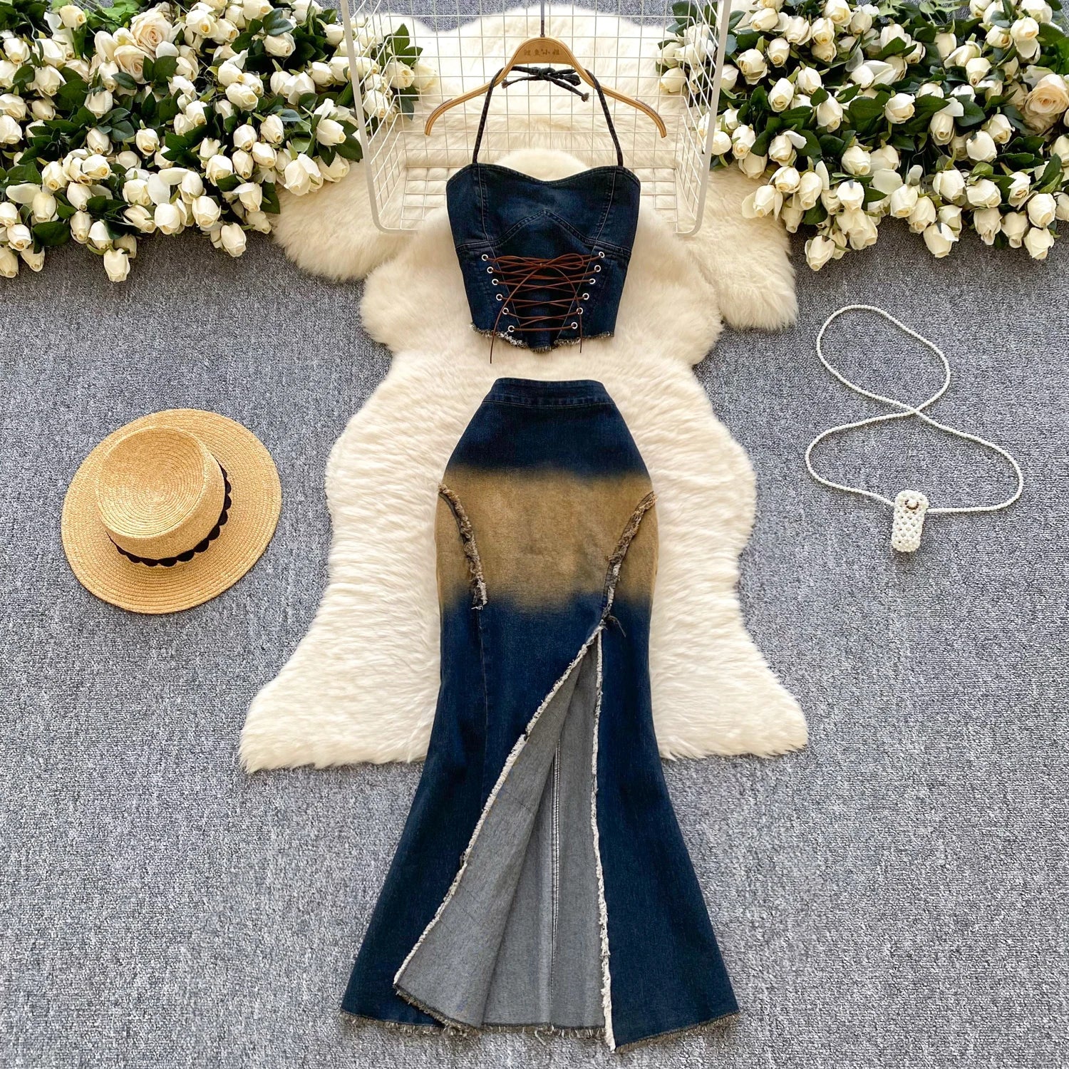 Lace Up Ruched Halter Tops+Split Zipper Skirt Set