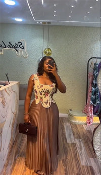 Floral Print Waist-cinching Corset +Pleated Long Skirts Set