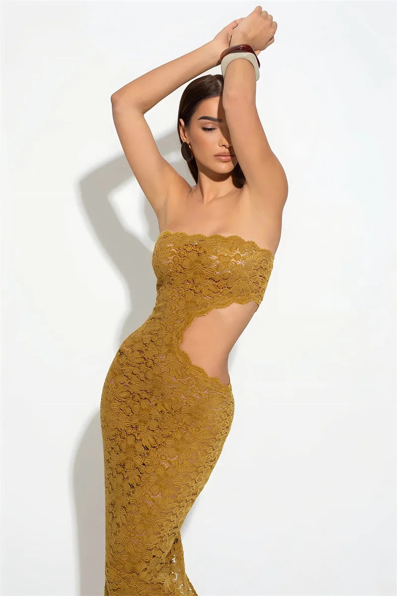 Lace Strapless Hollow Out  Maxi Dress