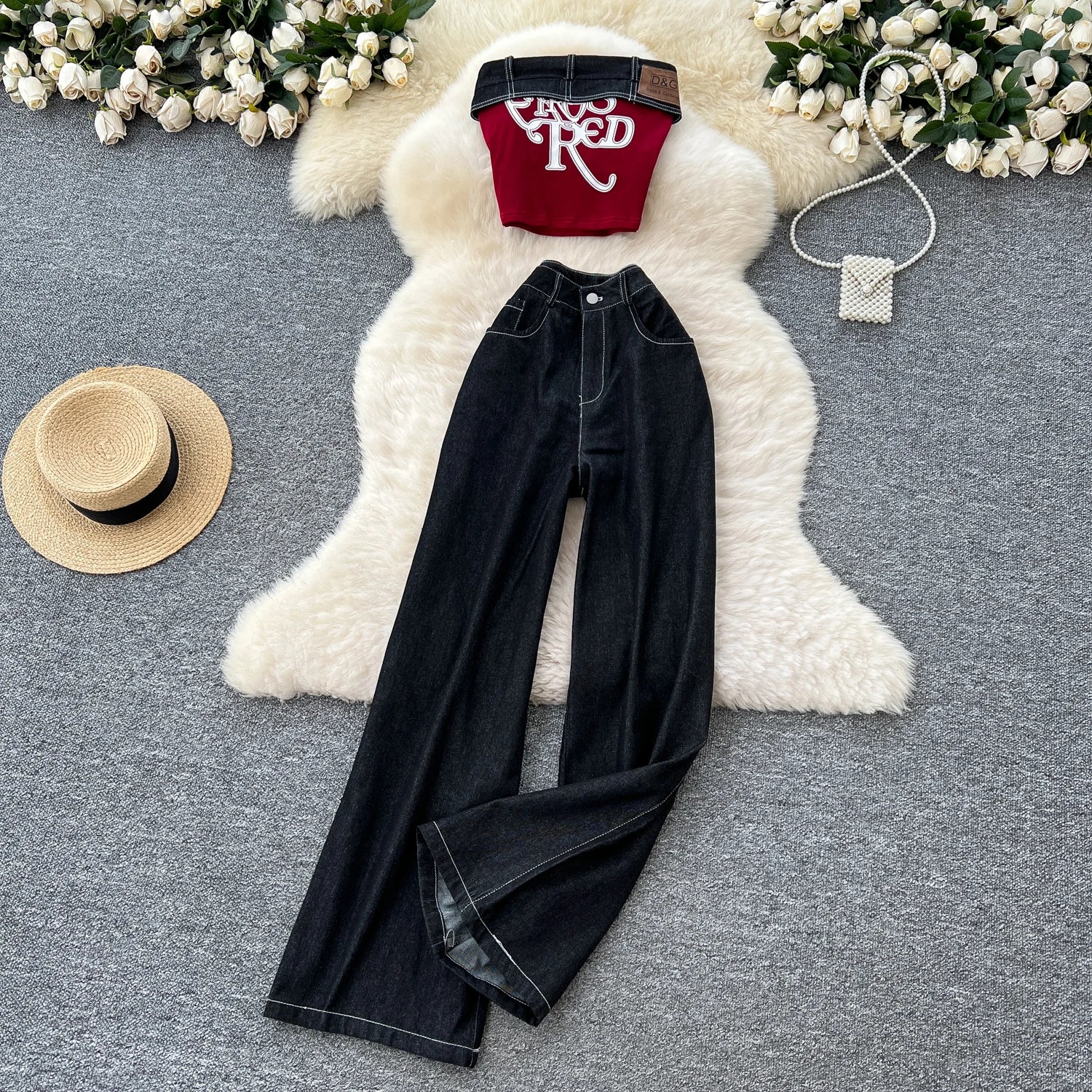 Strapless Letter Embroidery Retro Sexy 2pcs Set