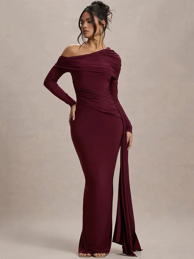 Skew Collar Long Sleeve Sexy Maxi Dress