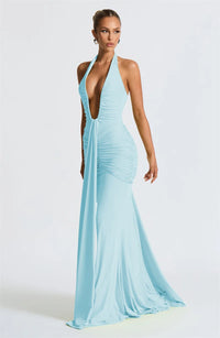 Deep V Neck Draped Ruched Sexy Maxi Dress