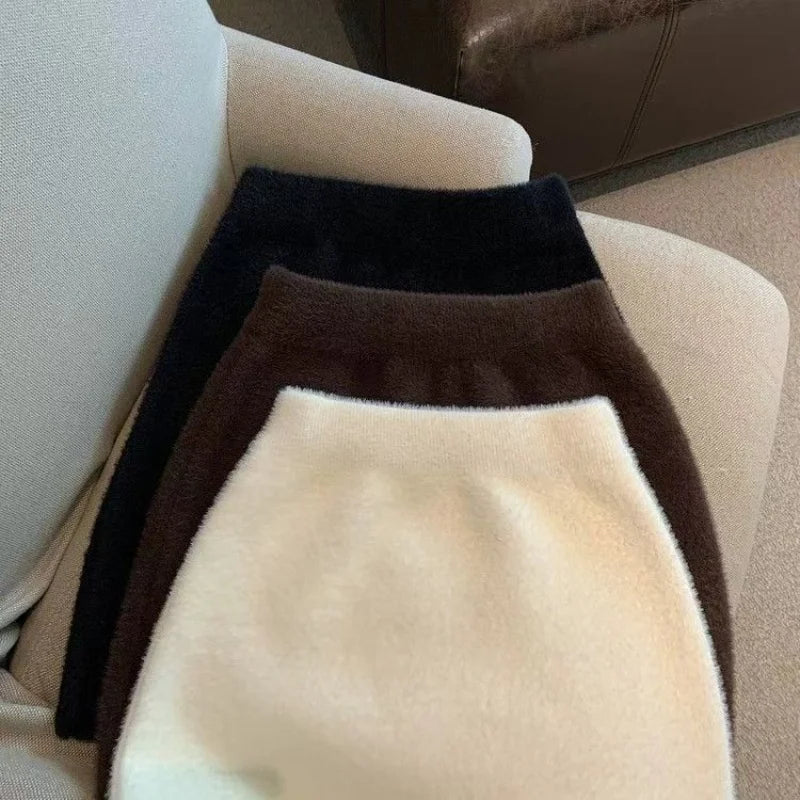 Elastic Waist Slim Imitation Mink Fur Skirt