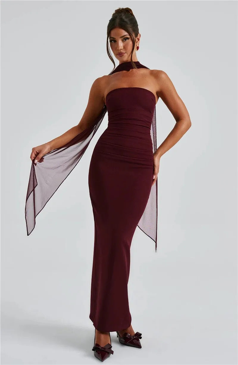 Scarf Collar Strapless Sexy Maxi Dress