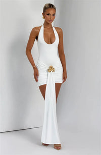 Metal Flower Draped Ruched Sexy Mini Dress