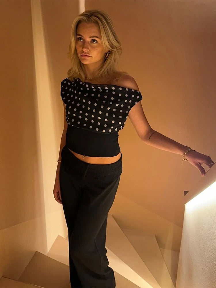Polka Dots Print Skew Collar Off Shoulder Crop Top