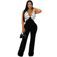 V-Neck Wide Leg  Sleeveless  Patchwork Jumpsuit