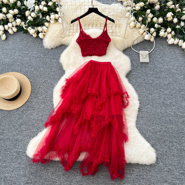Lace Sleeveless Strapless Camisole+Irregular Elastic Waist Skirt Set