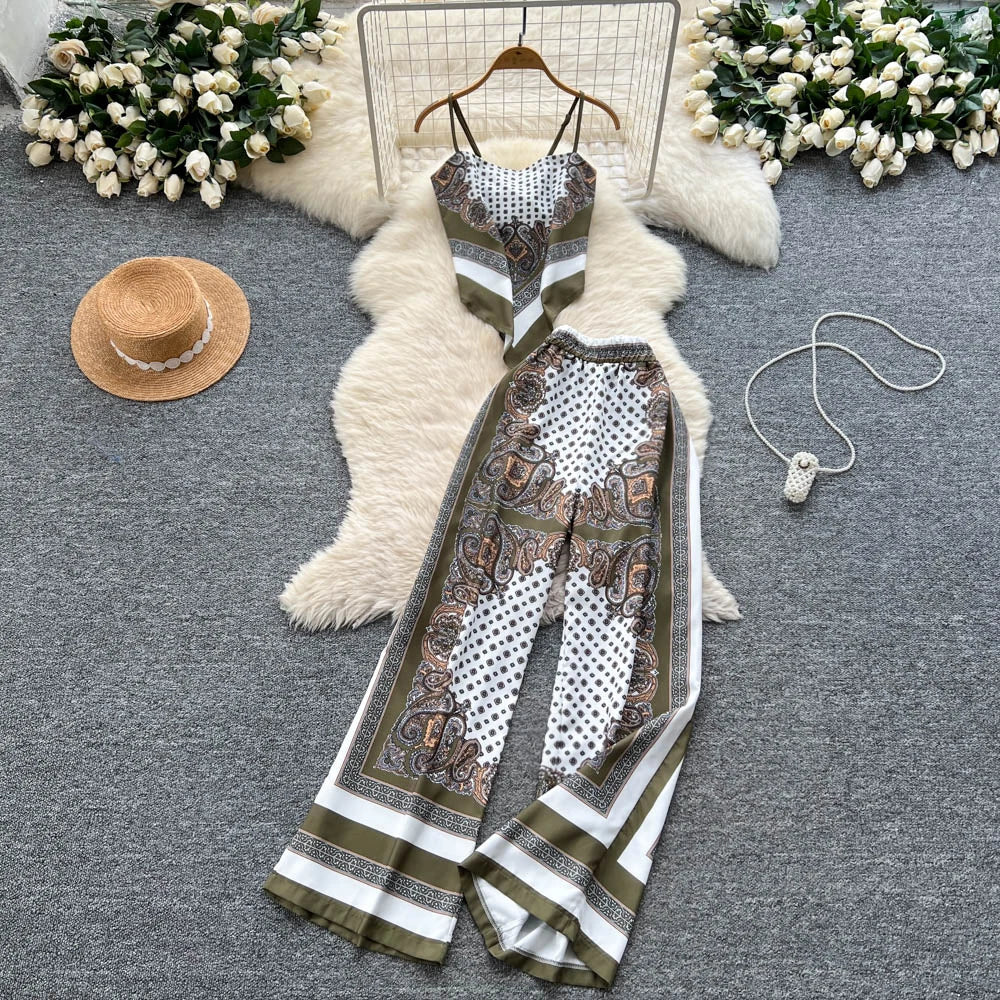 Sexy Print Sleeveless Top+Wide Leg Pants Set