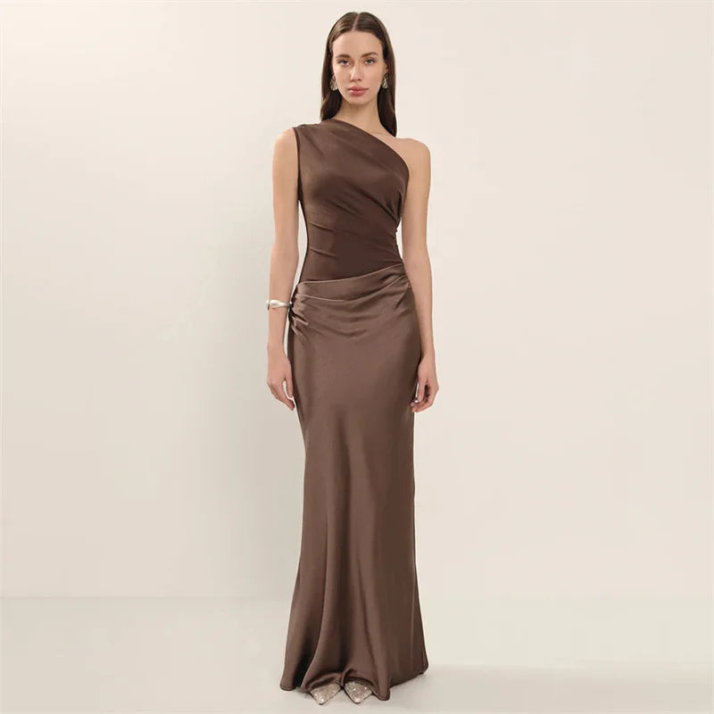 Satin Inclined Shoulder Sexy Maxi Dress