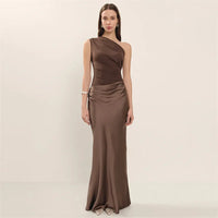 Satin Inclined Shoulder Sexy Maxi Dress