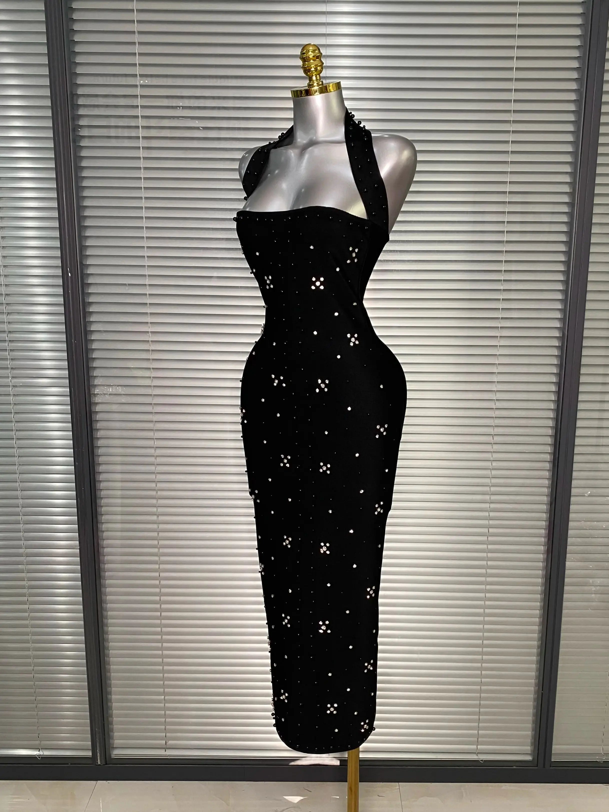 Halter Long Crystal Beaded Bandage Dress