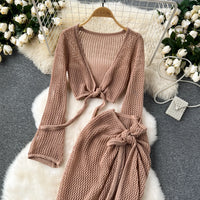 Long Sleeve V Neck Short Top+Adjustable Waist Split Long Skirt Set