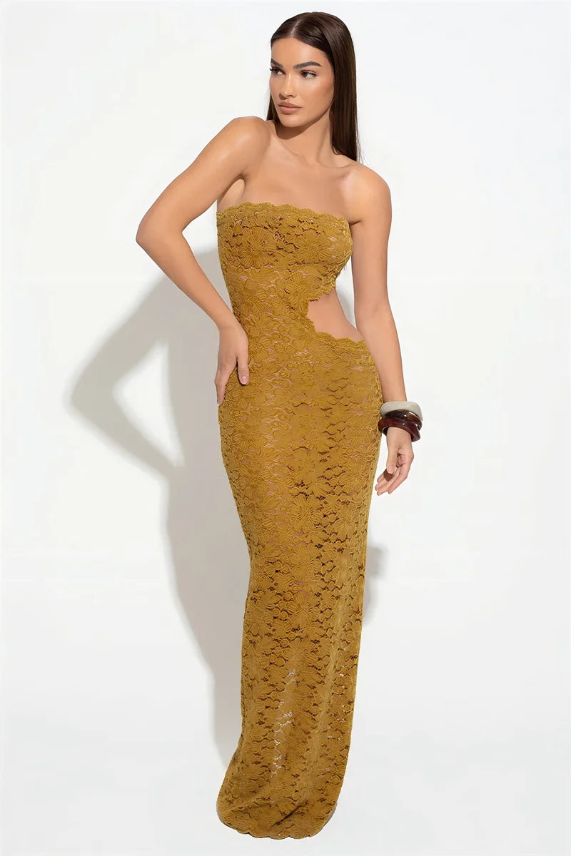 Lace Strapless Hollow Out  Maxi Dress