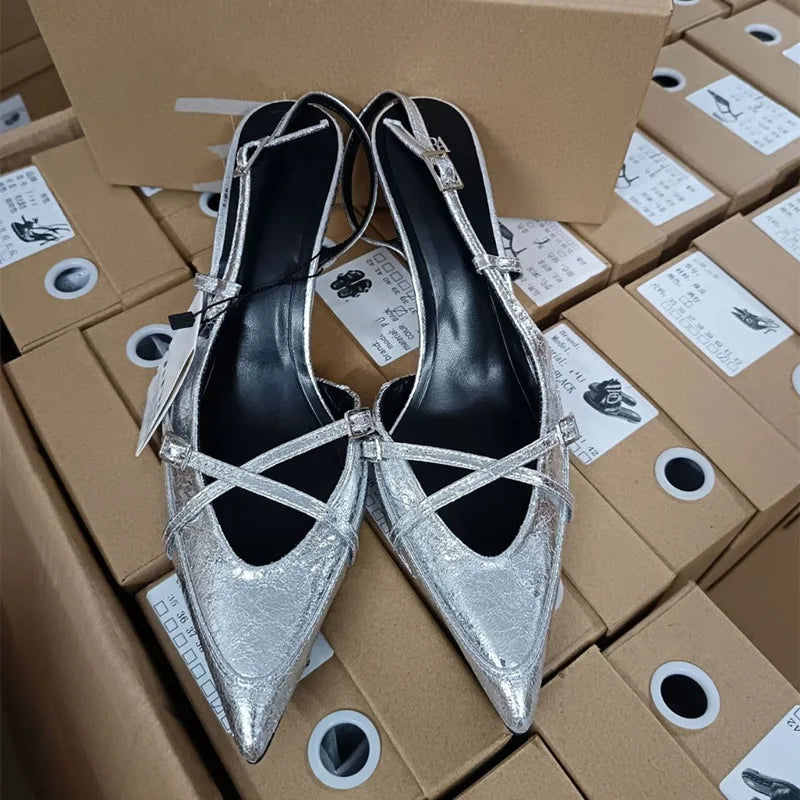 Elegant Pointed toe PU Leather Slingback Thin Heels