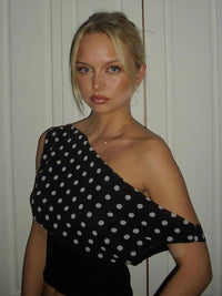 Polka Dots Print Skew Collar Off Shoulder Crop Top