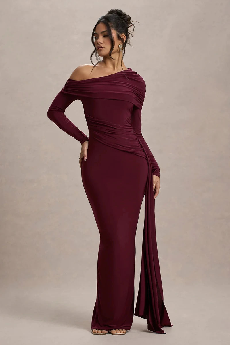 Skew Collar Long Sleeve Sexy Maxi Dress