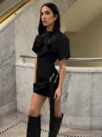 Metal Buckle O Neck High Waist Short Sleeve Mini Dress