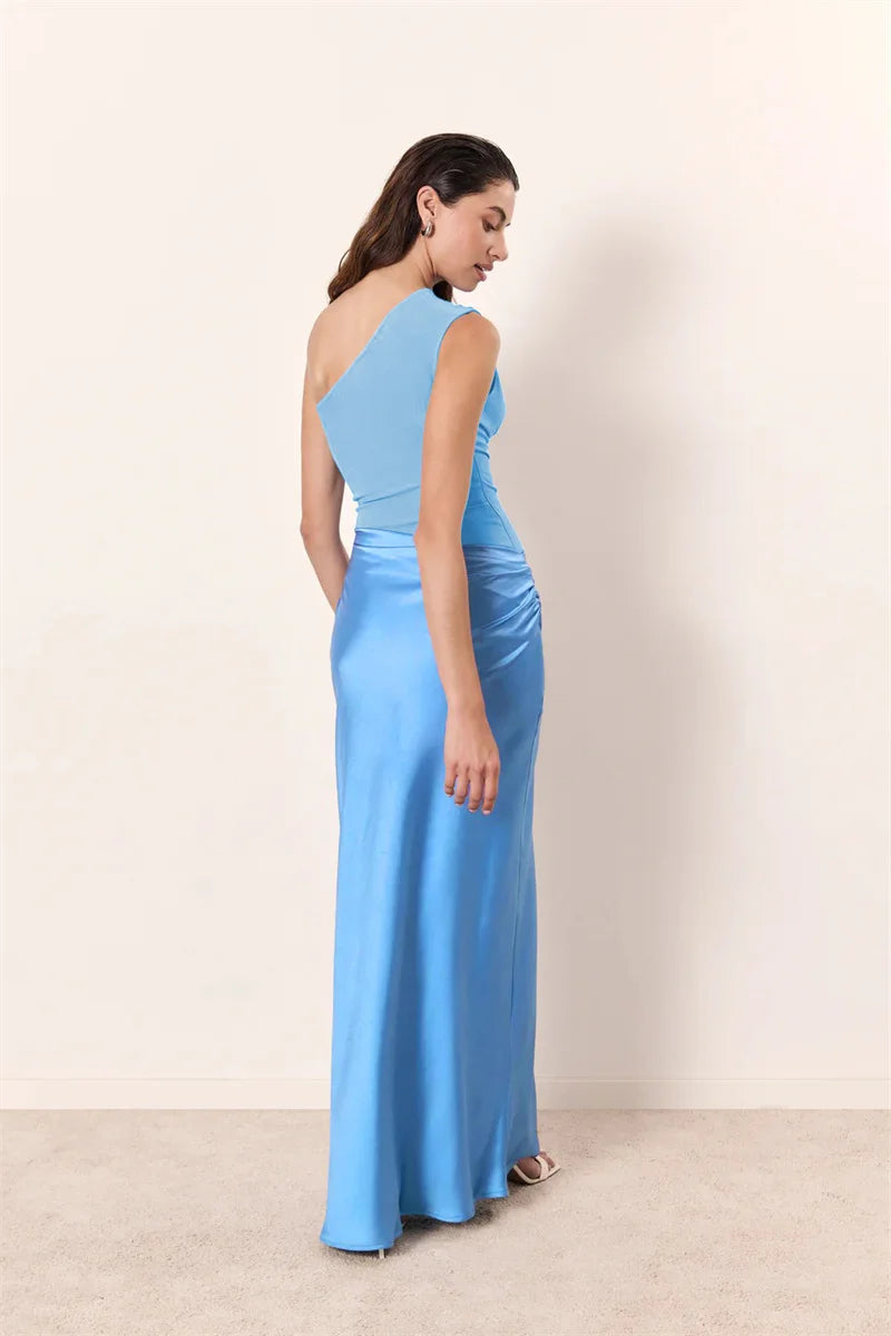 Satin Inclined Shoulder Sexy Maxi Dress