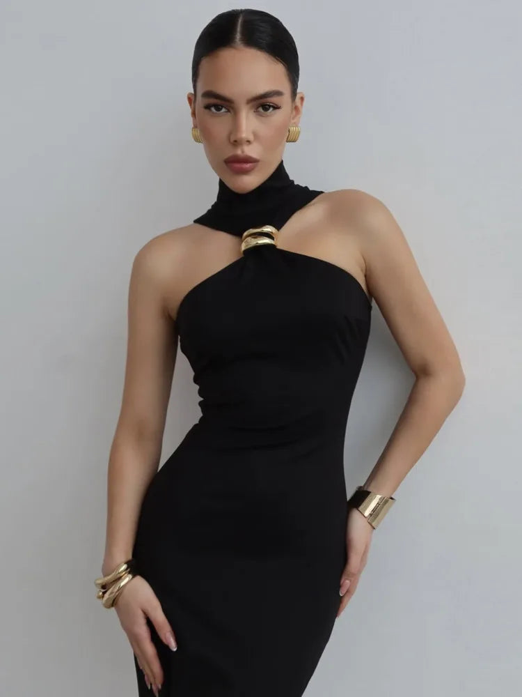 Turtleneck Ring Metal Sleeveless Midi Dress