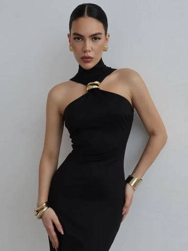 Turtleneck Ring Metal Sleeveless Midi Dress