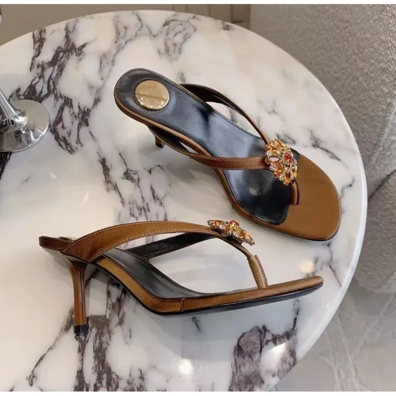 Rhinestone Flower Decor Heeled Slippers