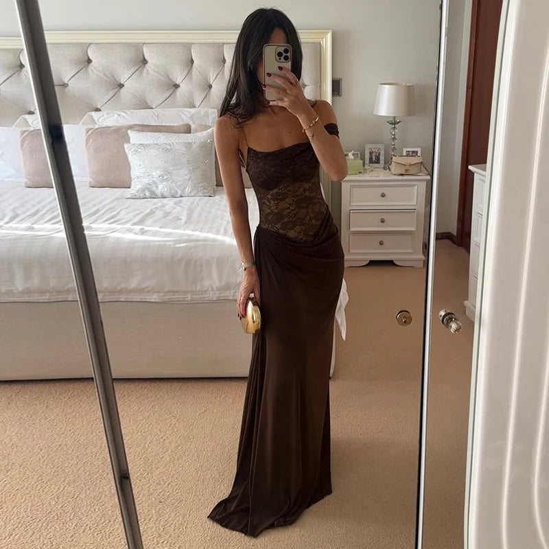 One Shoulder Lace See Through Sexy Maxi Dress