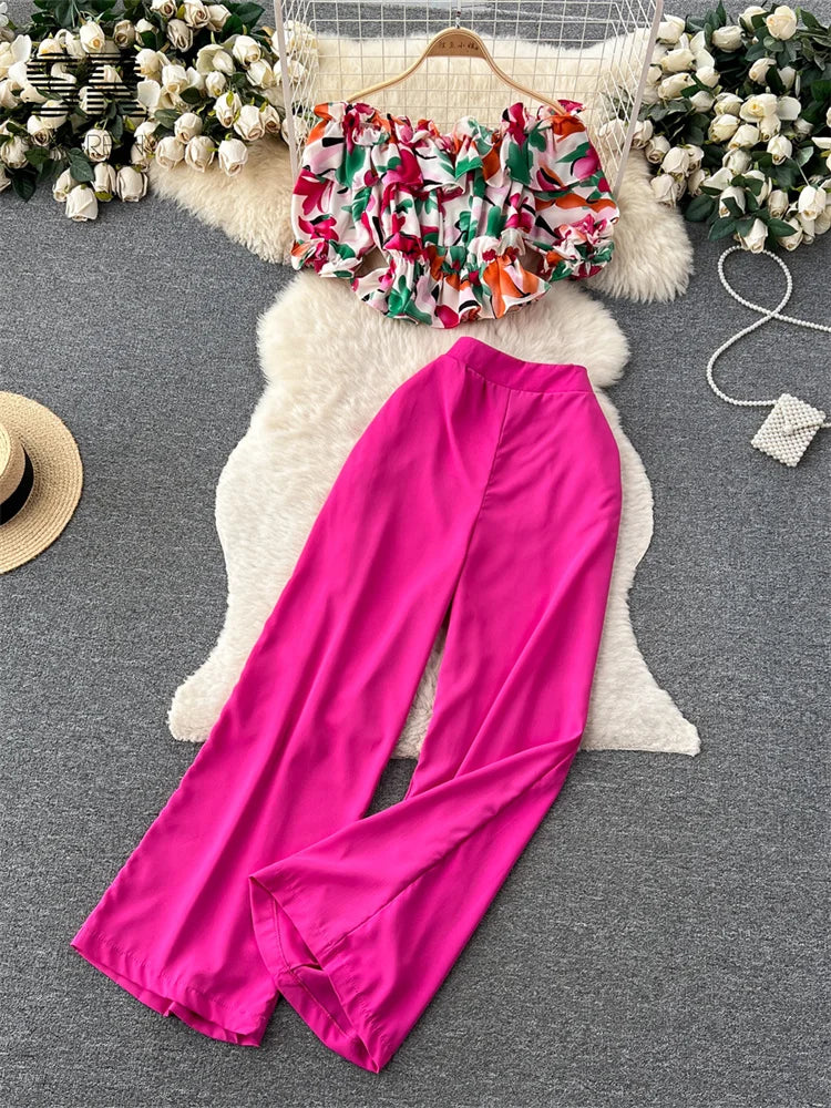 Ruffles Floral Print Elastic Waist Wide Leg Long Pants+Top Set