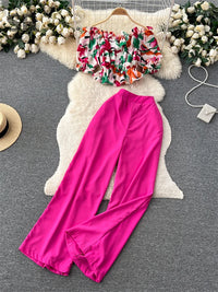 Ruffles Floral Print Elastic Waist Wide Leg Long Pants+Top Set