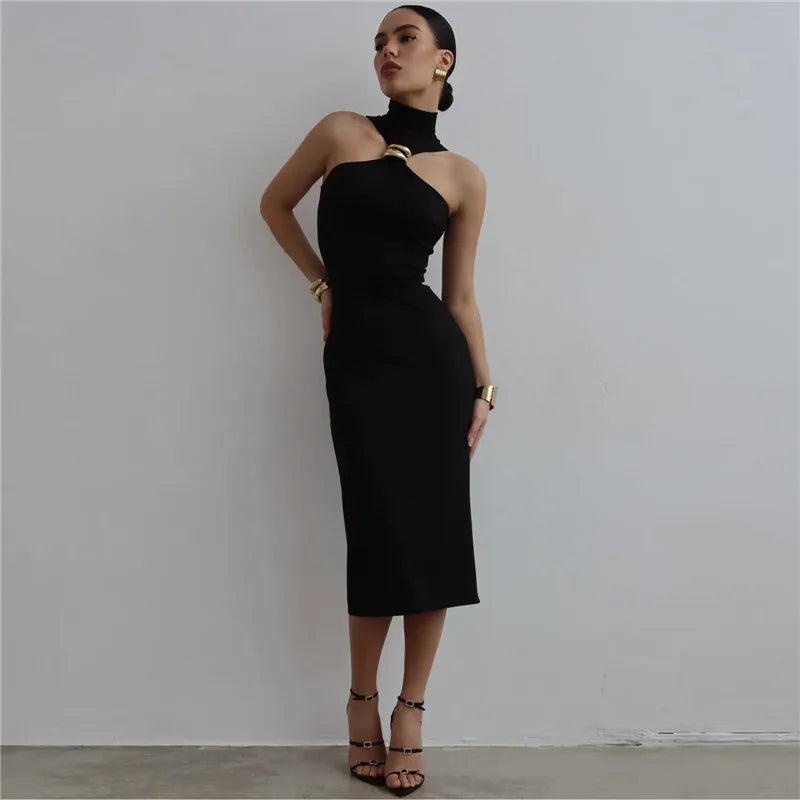 Turtleneck Ring Metal Sleeveless Midi Dress